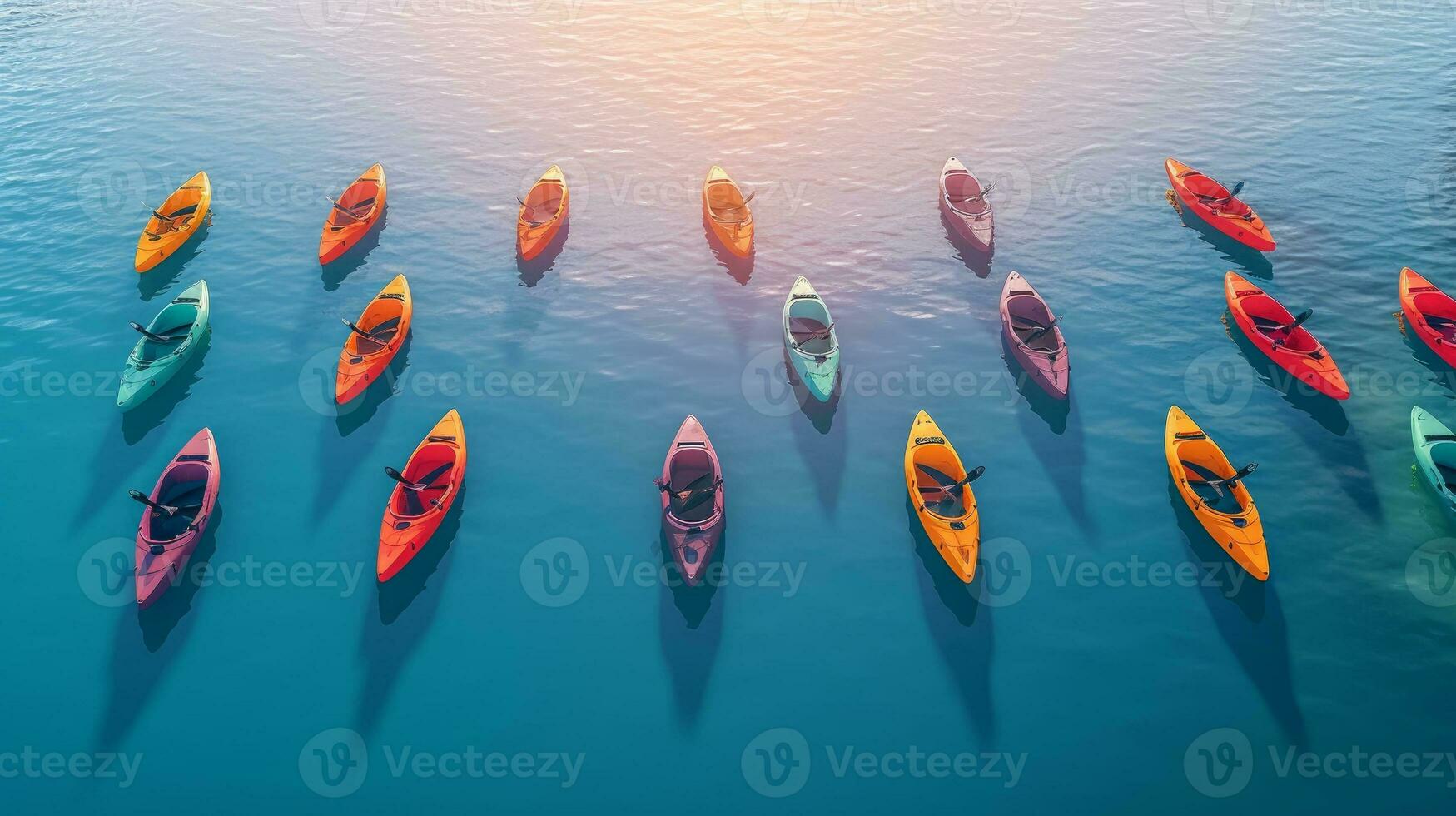Illustration aerial view flotilla of kayaks on a serene body of water
