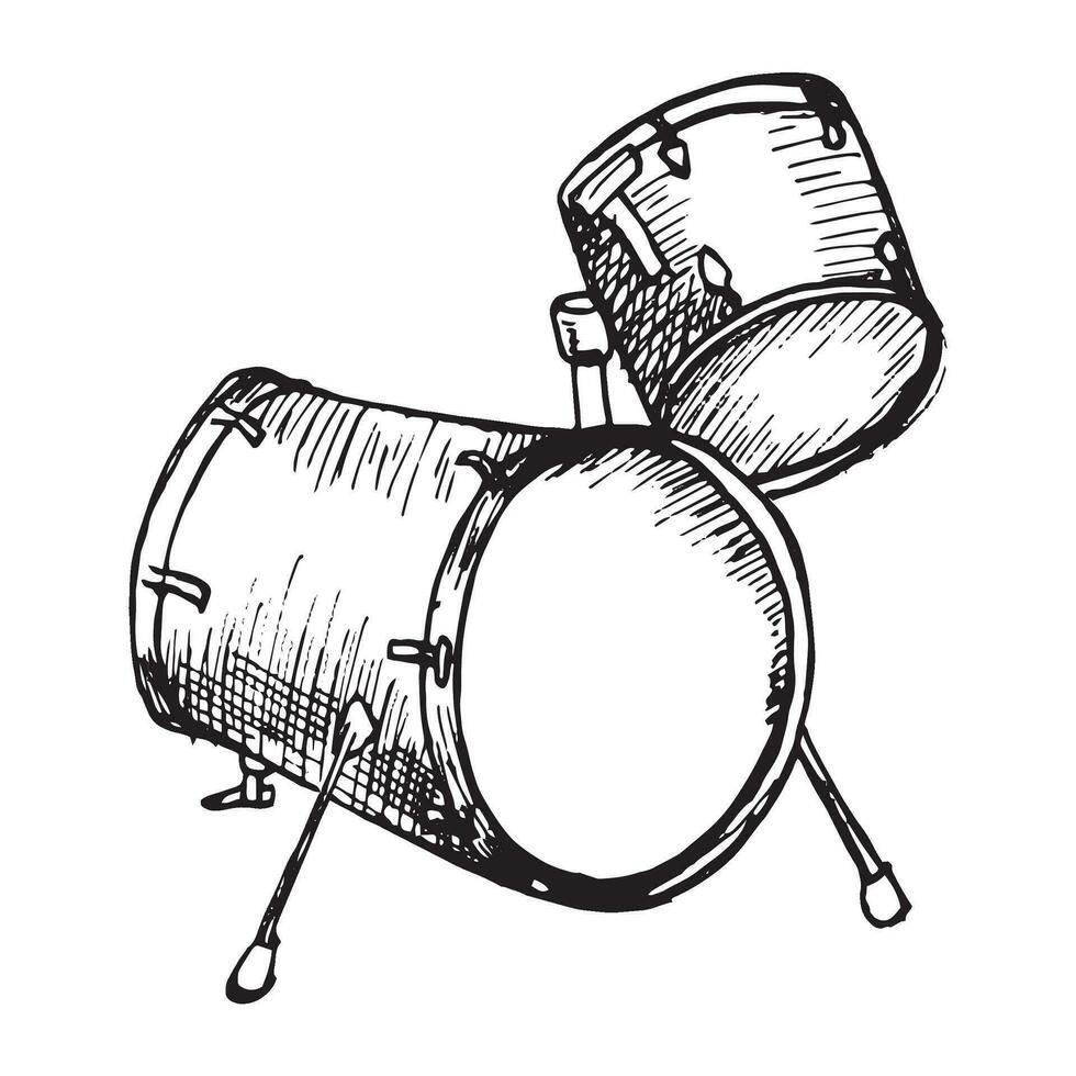 Drum kit vector illustration isolated. Musical instrument ink hand drawn. Percussion instrument of jazz, rock black white silhouette. Design element for wrapping, postcard, brochure, poster, textbook