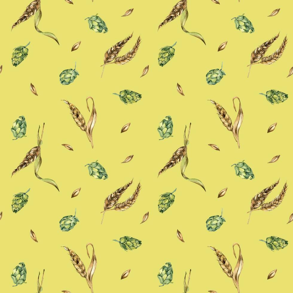 Wheat ear, hop watercolor seamless pattern isolated on yellow background. Spikelet of rye, humulus plant, hop cones hand drawn. Design element for brewing, wrapping, label, packaging, paper, textile vector