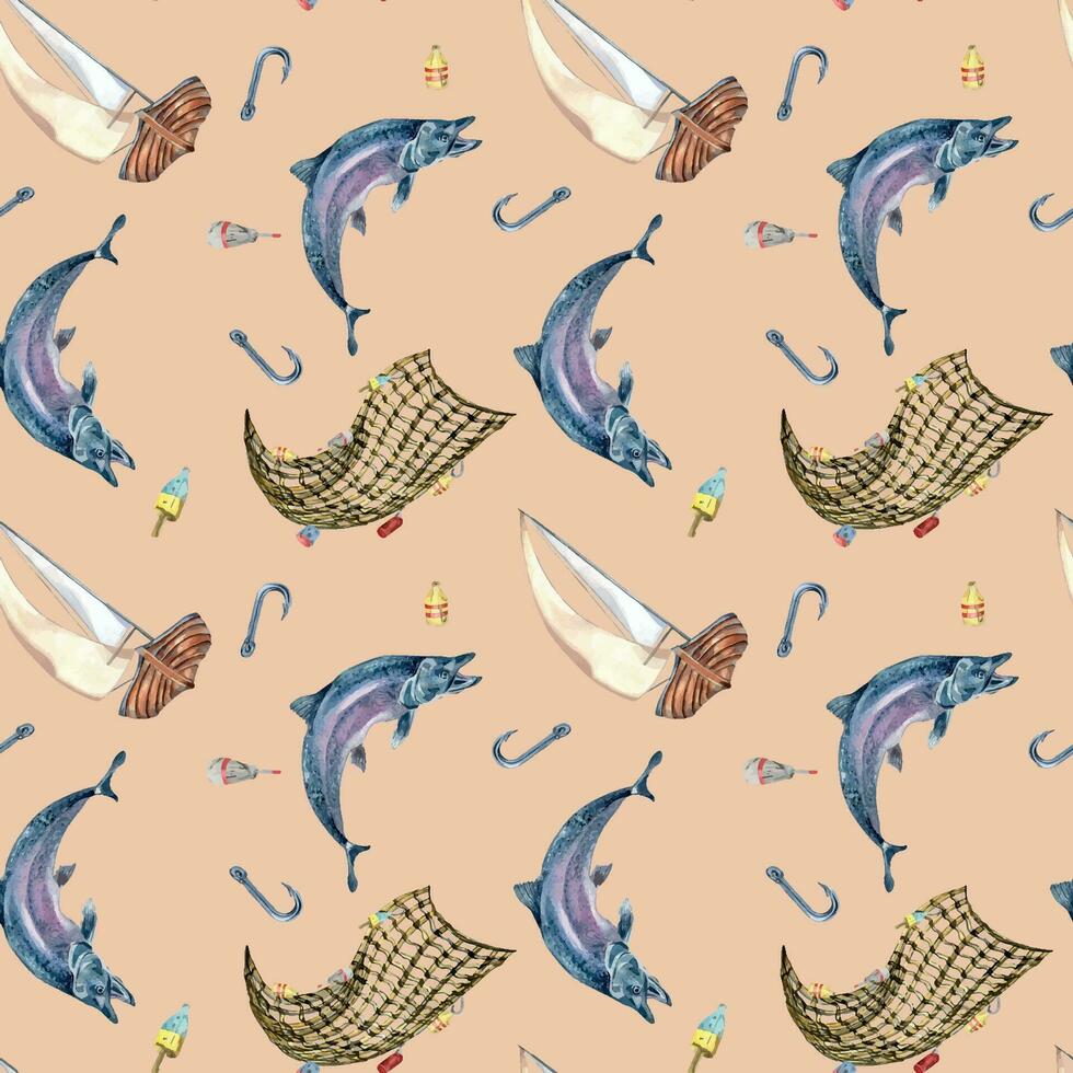 Seamless pattern of sea fish and sail boat watercolor illustration isolated on beige. Fishing boat and salmon, trout hand drawn. Design element for textile, packaging, wrapping, background, market vector