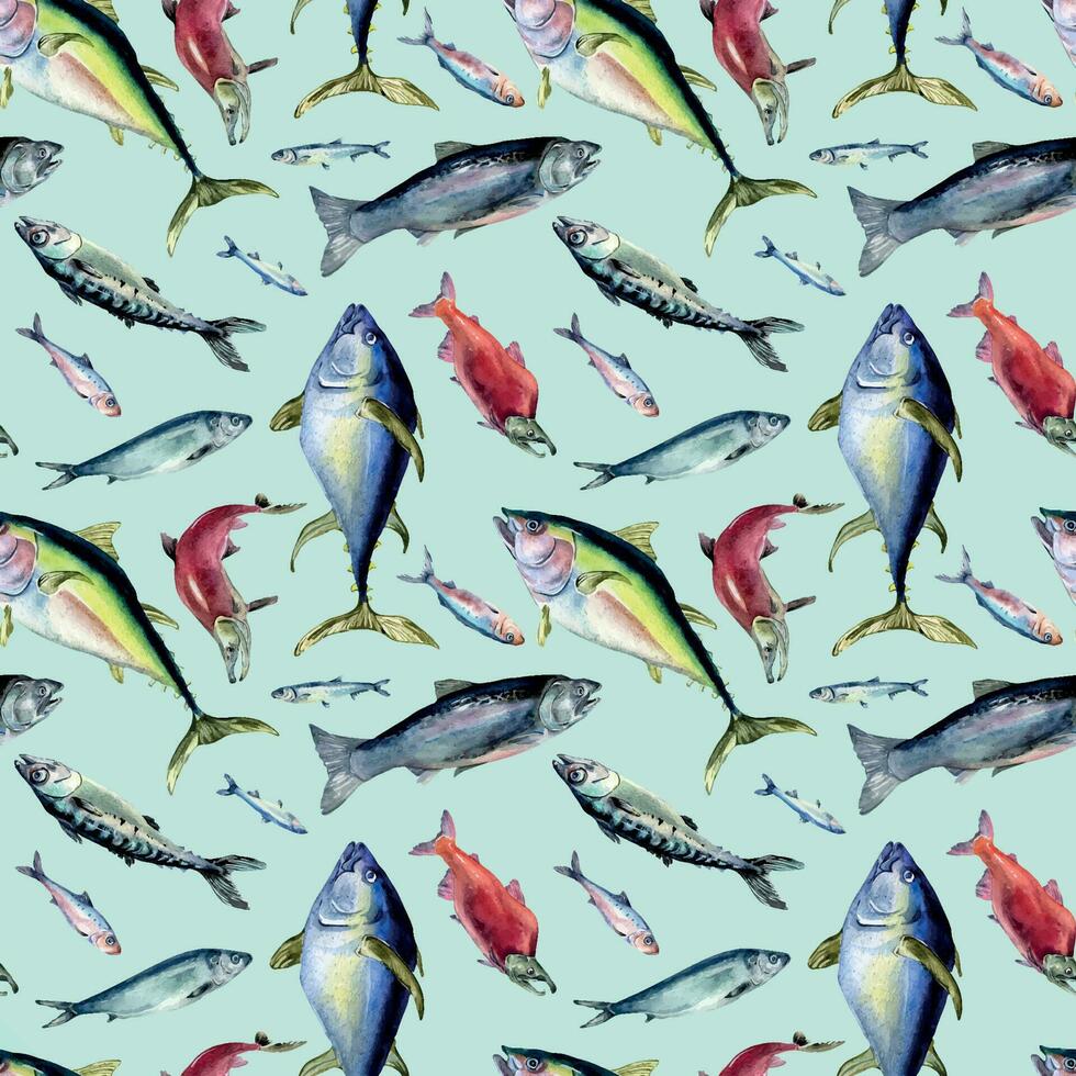 Various sea fishes seamless pattern watercolor illustration isolated on blue. Wild fish, tuna, salmon, herring, anchovy hand drawn. Design element for textile, packaging, paper, wrapping, background vector