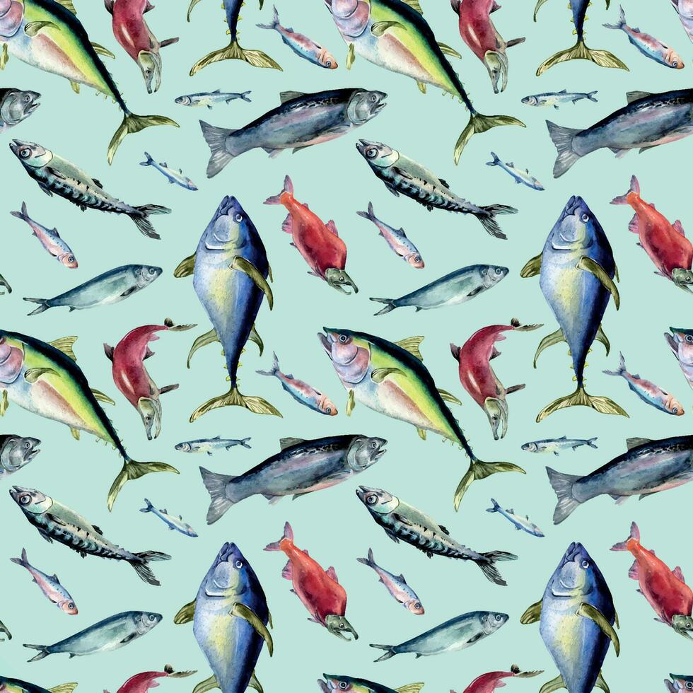 varios mar peces sin costura modelo acuarela ilustración aislado en azul. salvaje pez, atún, salmón, arenque, anchoa mano dibujado. diseño elemento para textil, embalaje, papel, envase, antecedentes vector