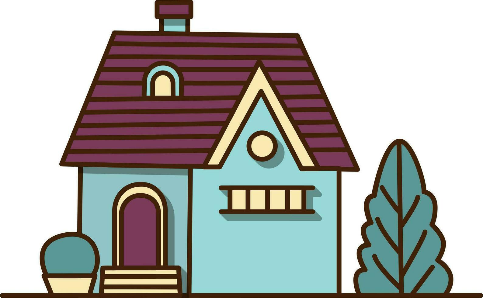 Vector blue house with brown roof on flat style icon. Vector architecture style mansion cottage building icon.