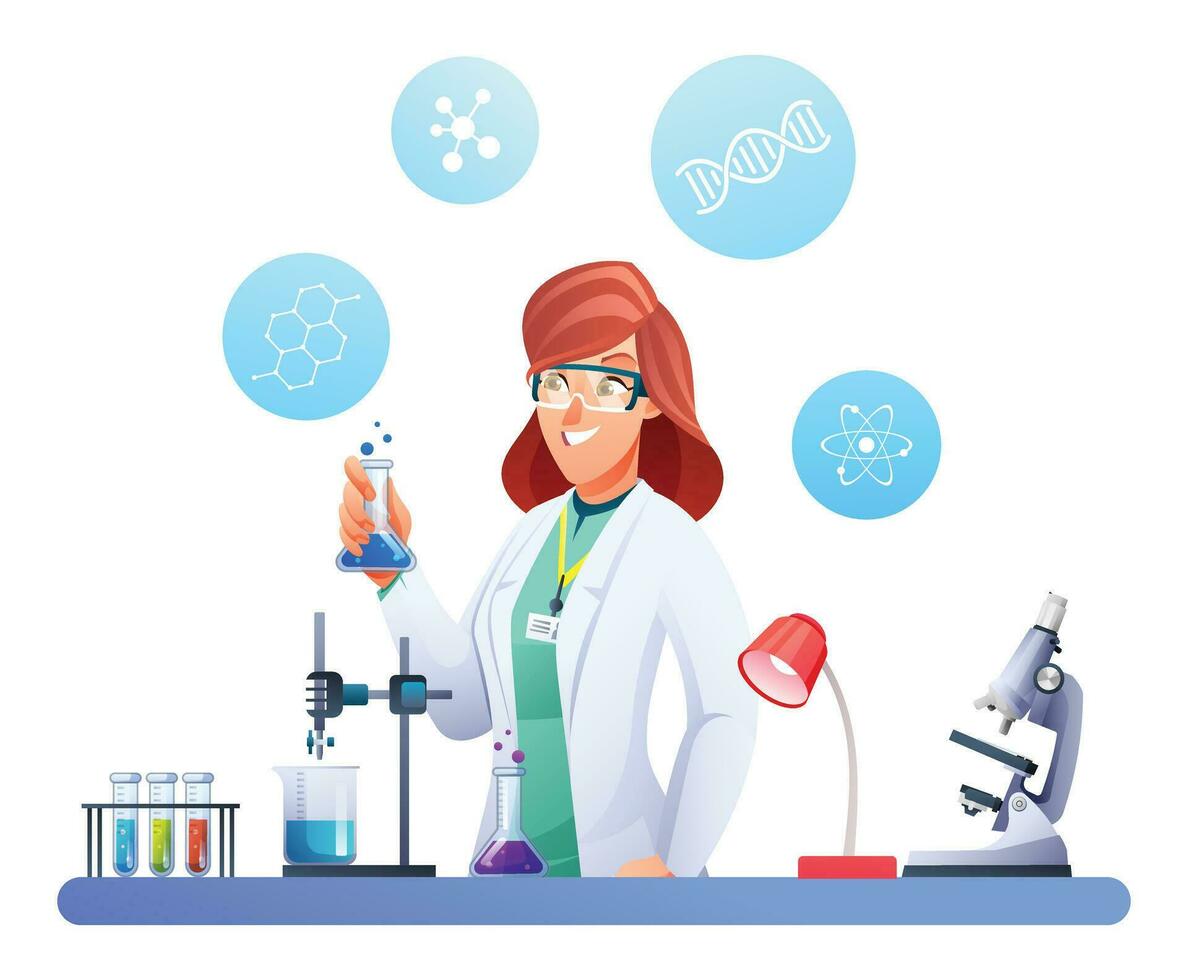 Female scientist conducting experiments in science laboratory. Vector illustration