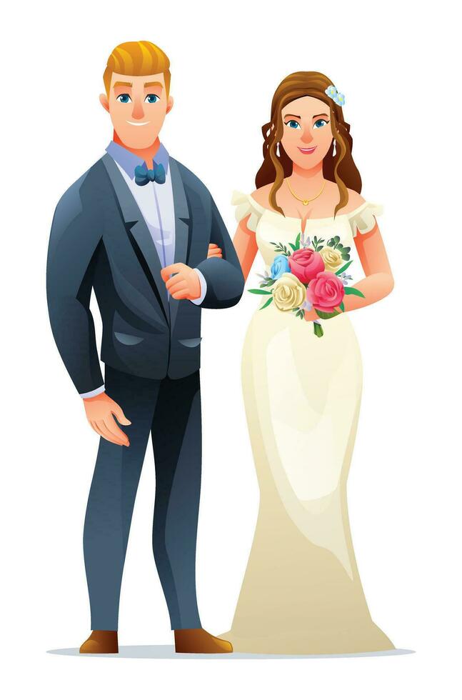 Boda Pareja personaje de hombre y mujer sólo casado. contento novio en Boda vestir con rosas ramo de flores vector