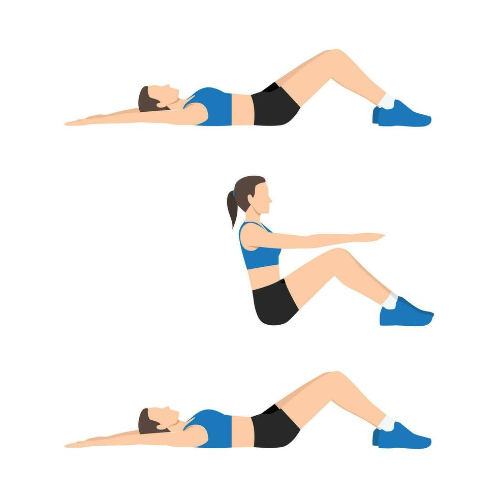 Woman lie down on her back and curl upper body to the top for touch her knees and repeat. vector