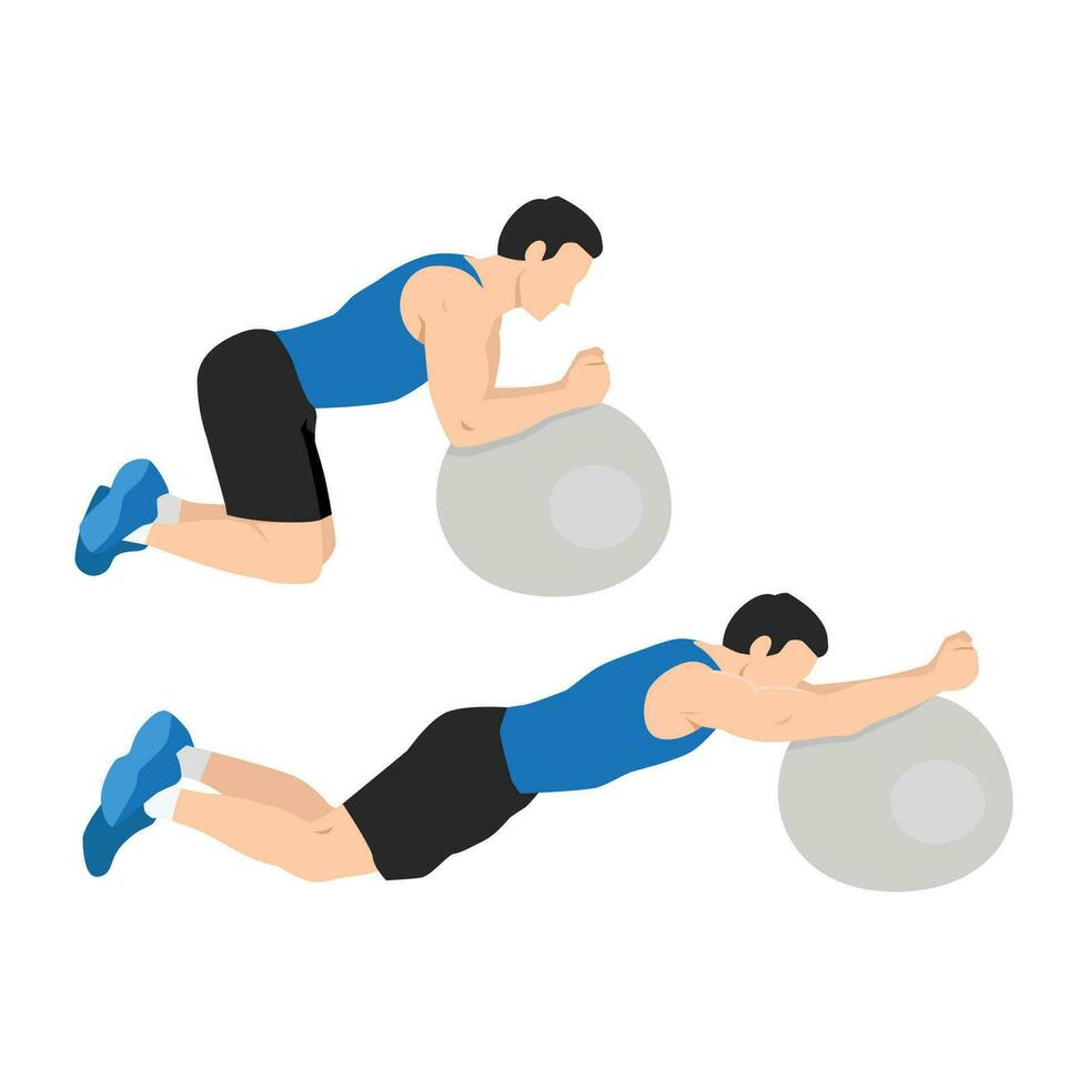 Man doing Stability or Swiss Ball Rollout exercise, Man workout fitness. vector
