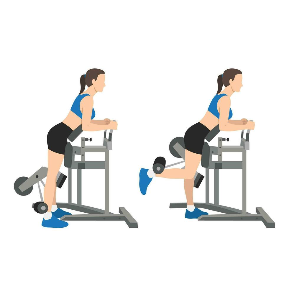 Woman doing standing leg hamstring curls machine. vector