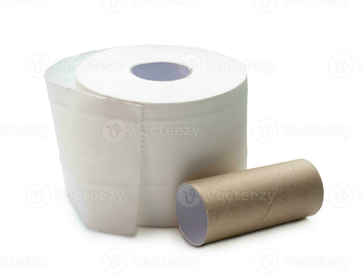 Single roll of white tissue paper or napkin with core prepared for use in toilet or restroom isolated on white background with clipping path. photo