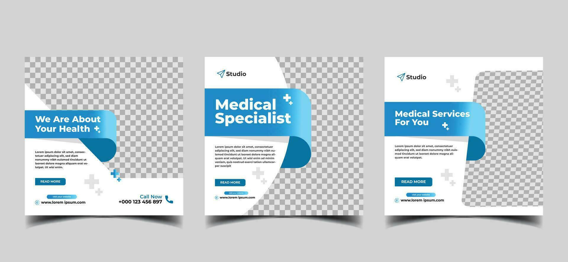 medical and healthcare square banner template design. white background with blue shape for web ads. vector