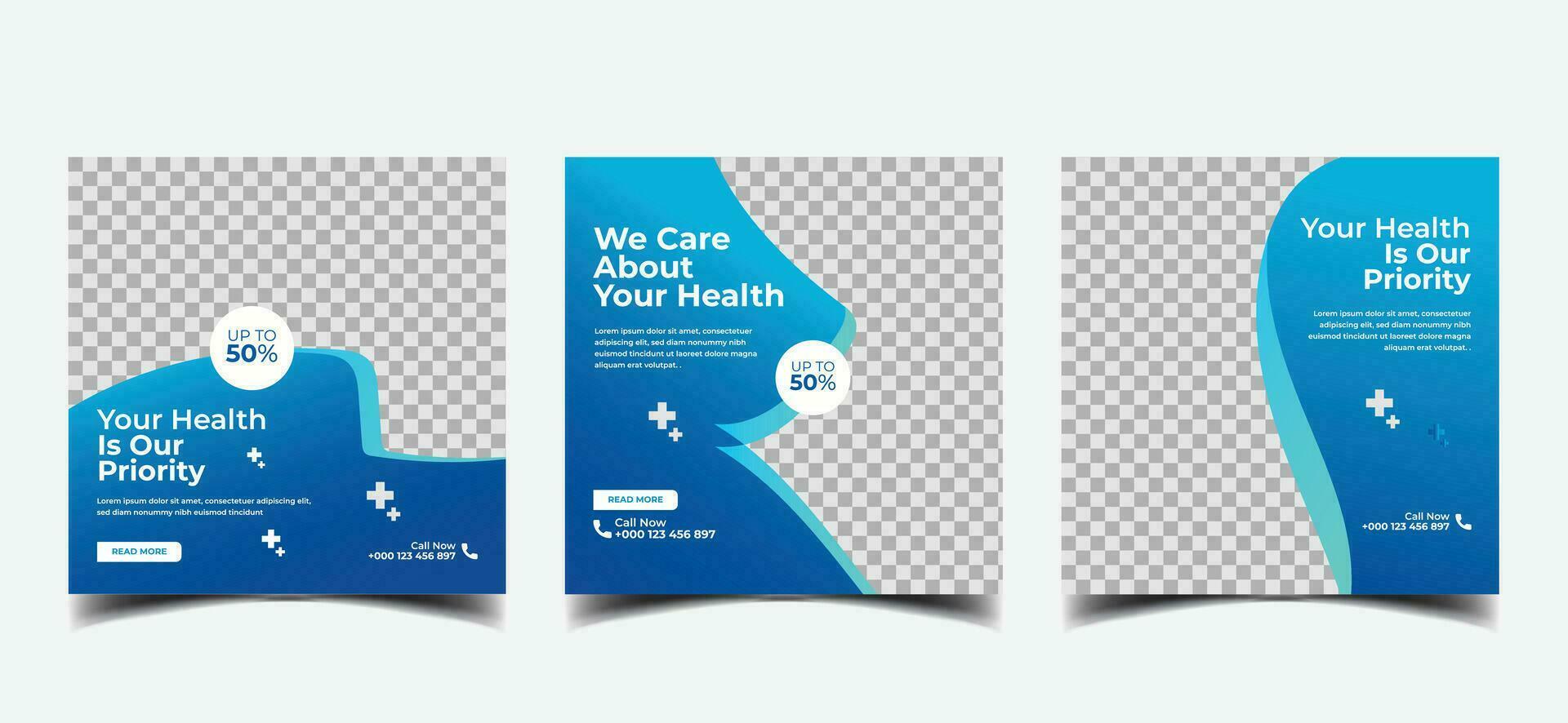 médico y cuidado de la salud cuadrado bandera modelo diseño. blanco antecedentes con azul forma para web anuncios vector