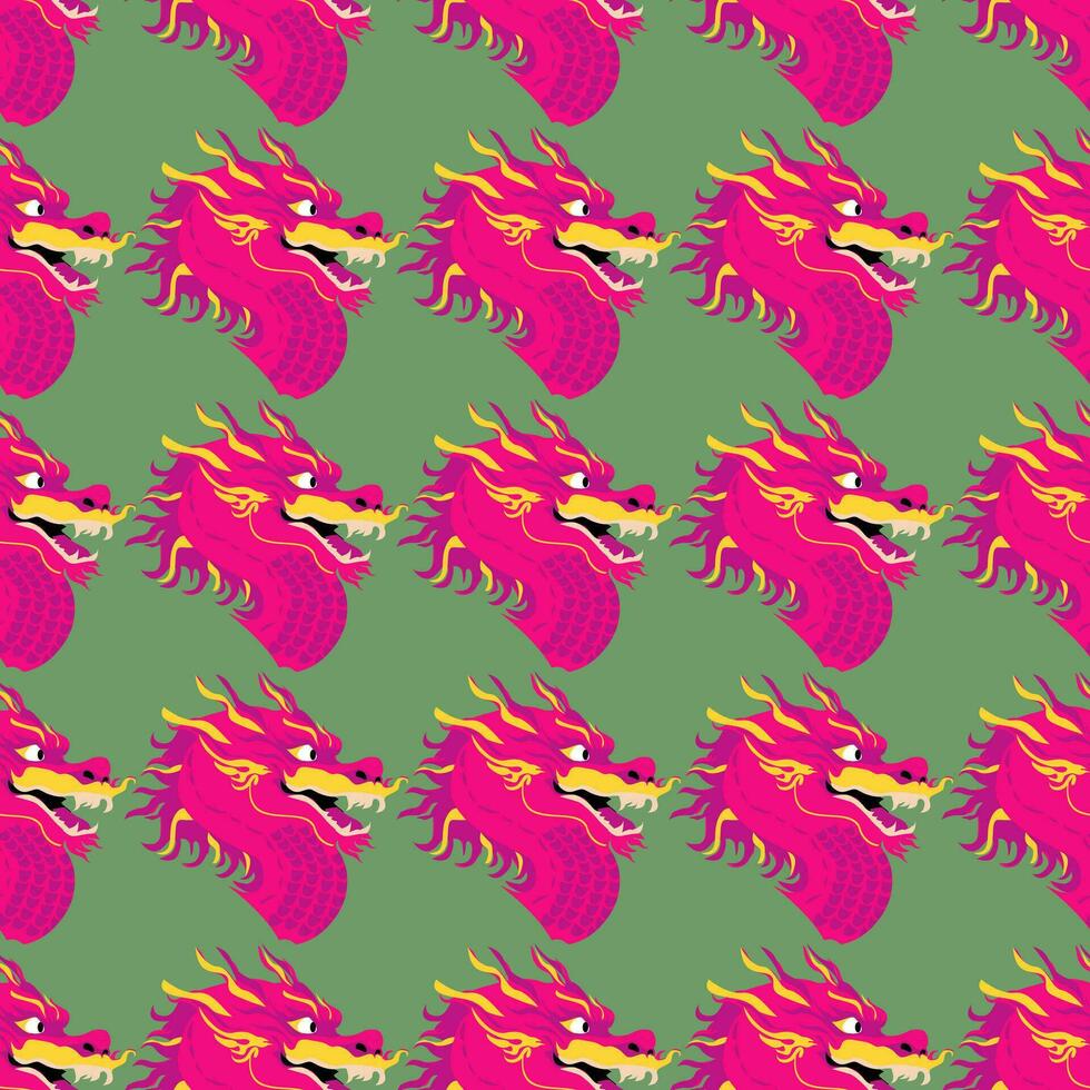 Bright purple dragon on a green background endless pattern. Vector seamless ornament.