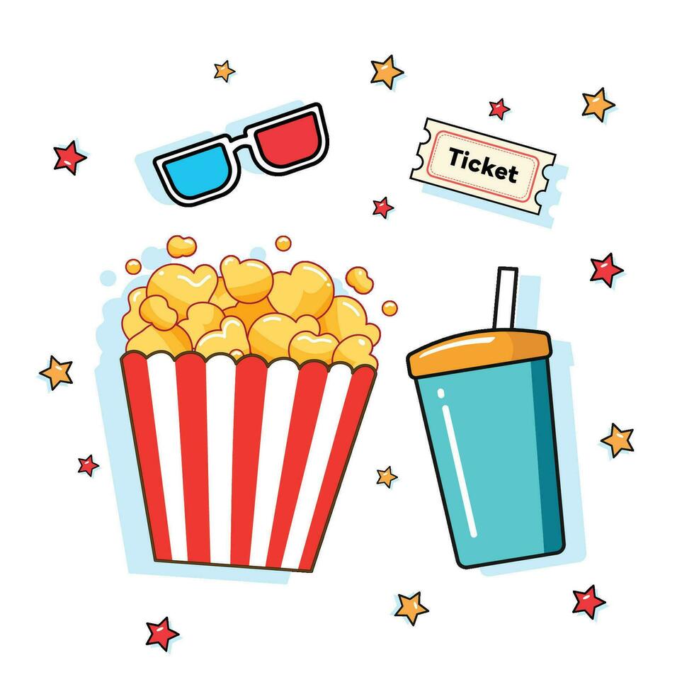 Cinema Elements Set, Popcorn, Soft Drinks, 3D Glasses, and Movie Tickets, minimal and colorful with vector illustration design.