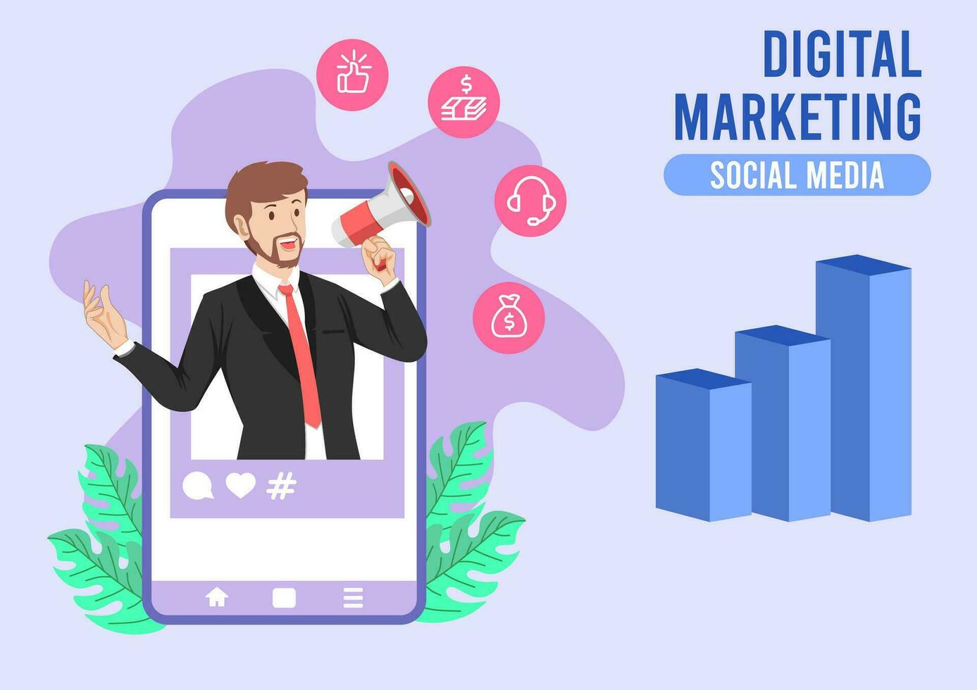 Digital marketing social media banner concept with man holding megaphone vector illustration