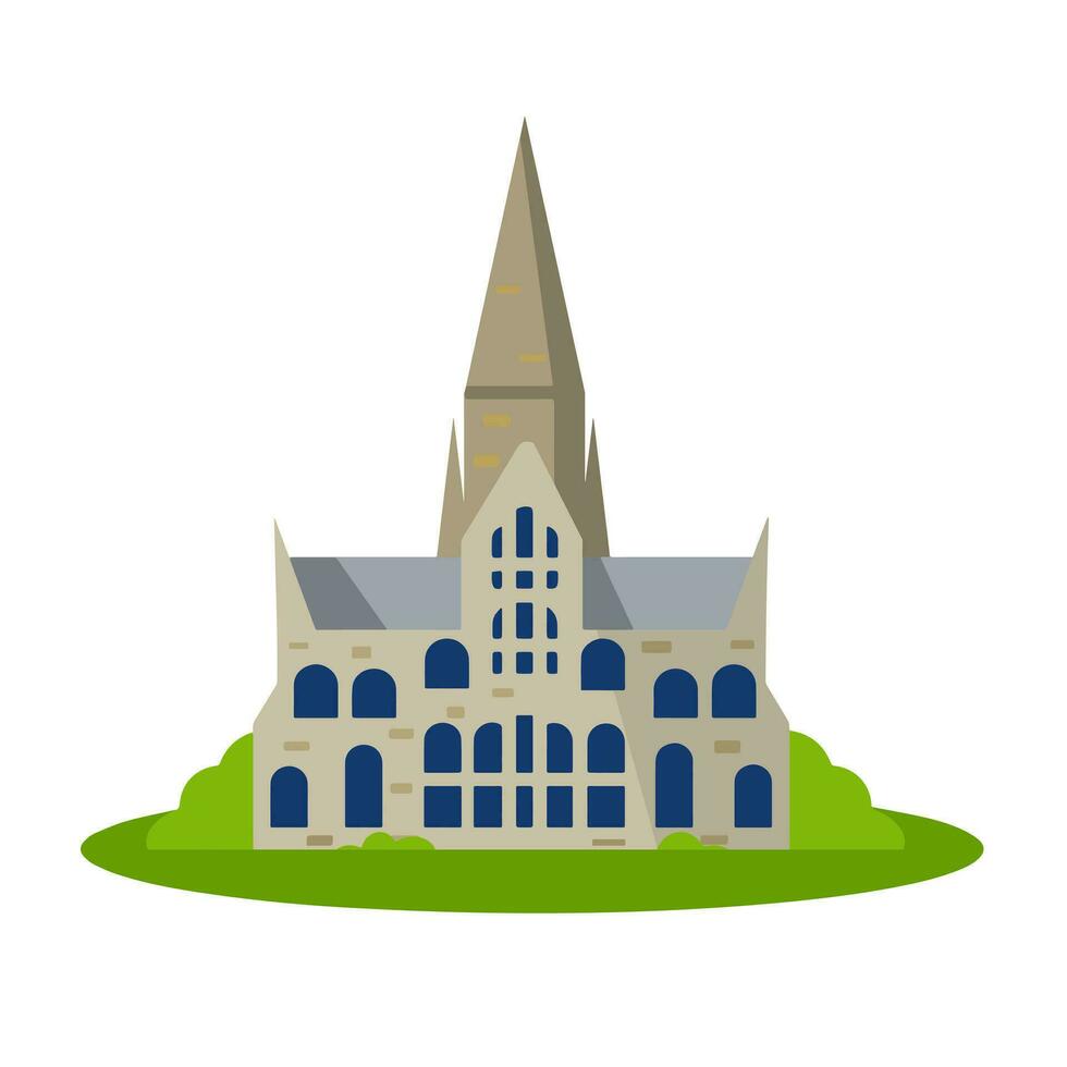 Salisbury Cathedral of virgin Mary. Gothic Church in England. Anglican religious building. Landmark of medieval city. Flat cartoon vector