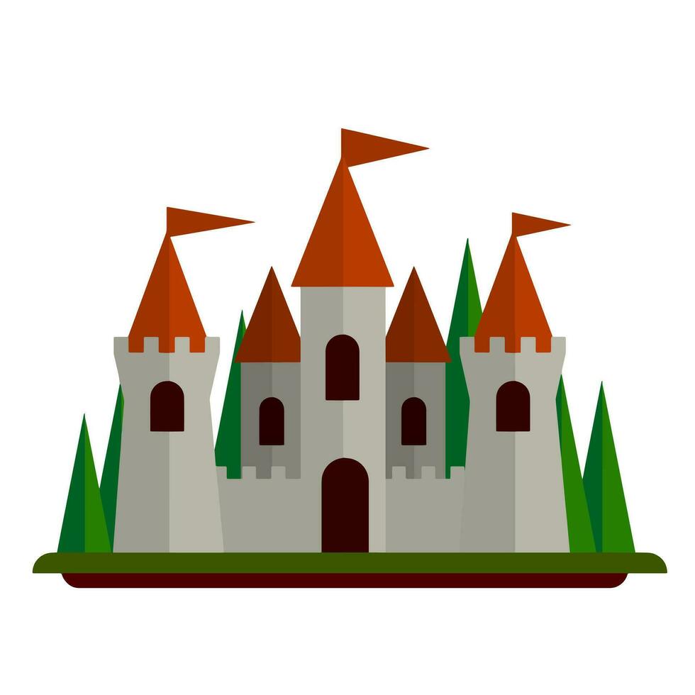 cuento de hadas castillo. fortaleza de el Caballero y rey. medieval antiguo ciudad. Roca paredes y torres fuerte para proteccion. plano dibujos animados ilustración vector