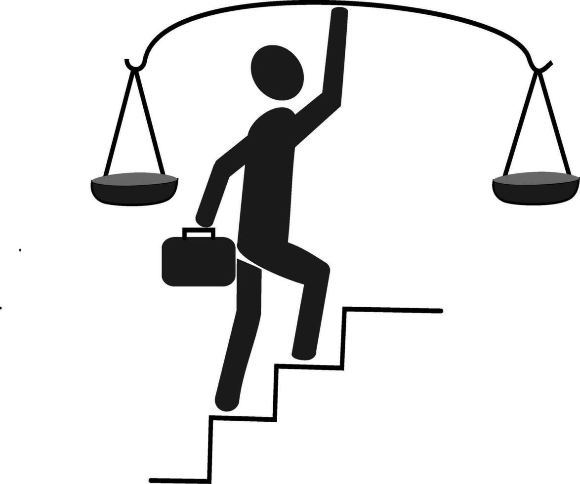 Businessman holding scales and walk up stairs. . Business justice concept. Vector illustration. Replaceable vector design.