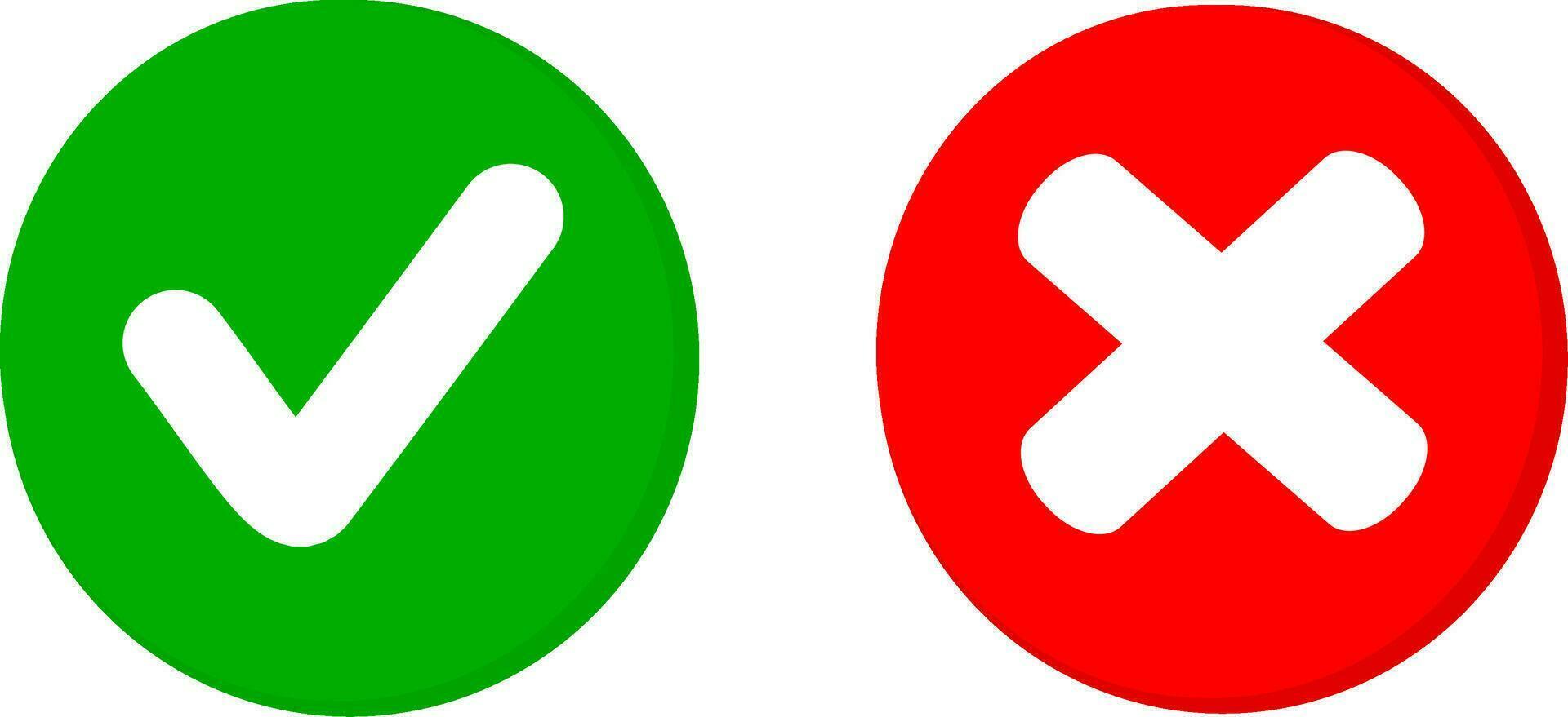 Tick and cross signs. Green checkmark and red X icons isolated on white background. Replaceable vector design. Vector illustration.