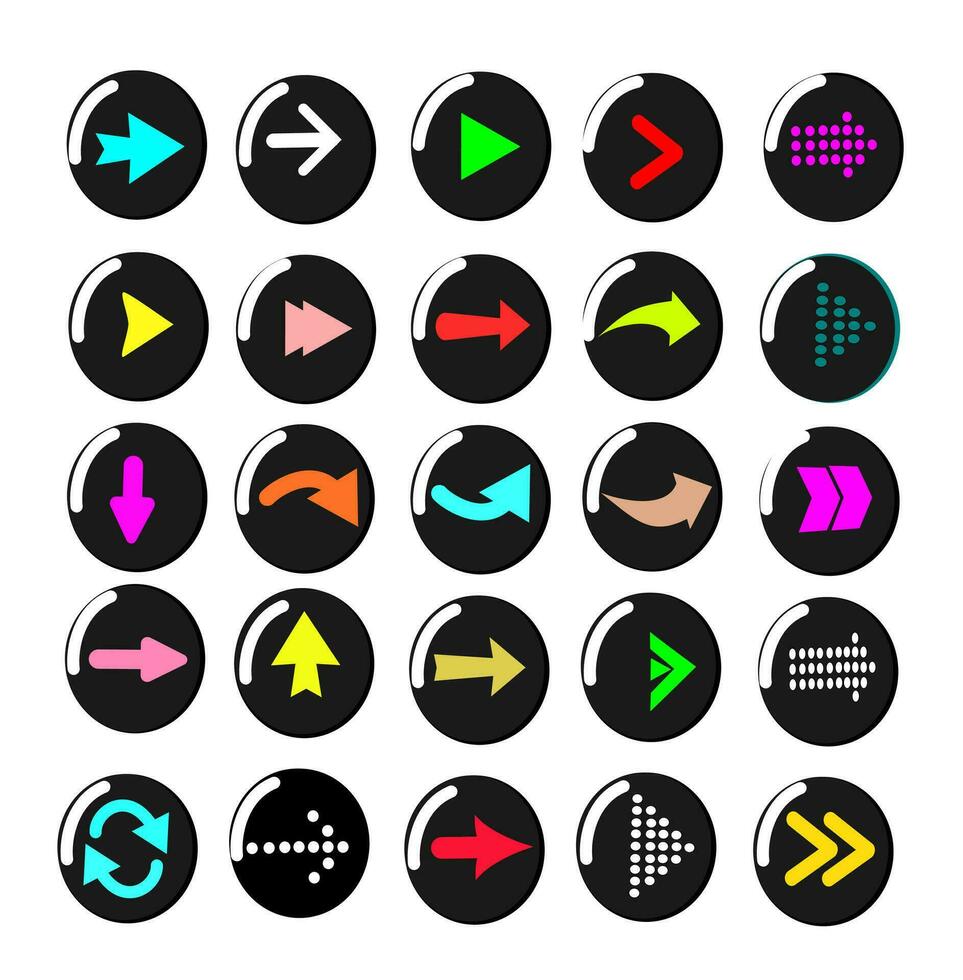 Arrow sign icon set. Color on black. Simple circle shape internet button on background. Solid plain monochrome flat tile. Contemporary modern metro style. Web design elements vector illustration.