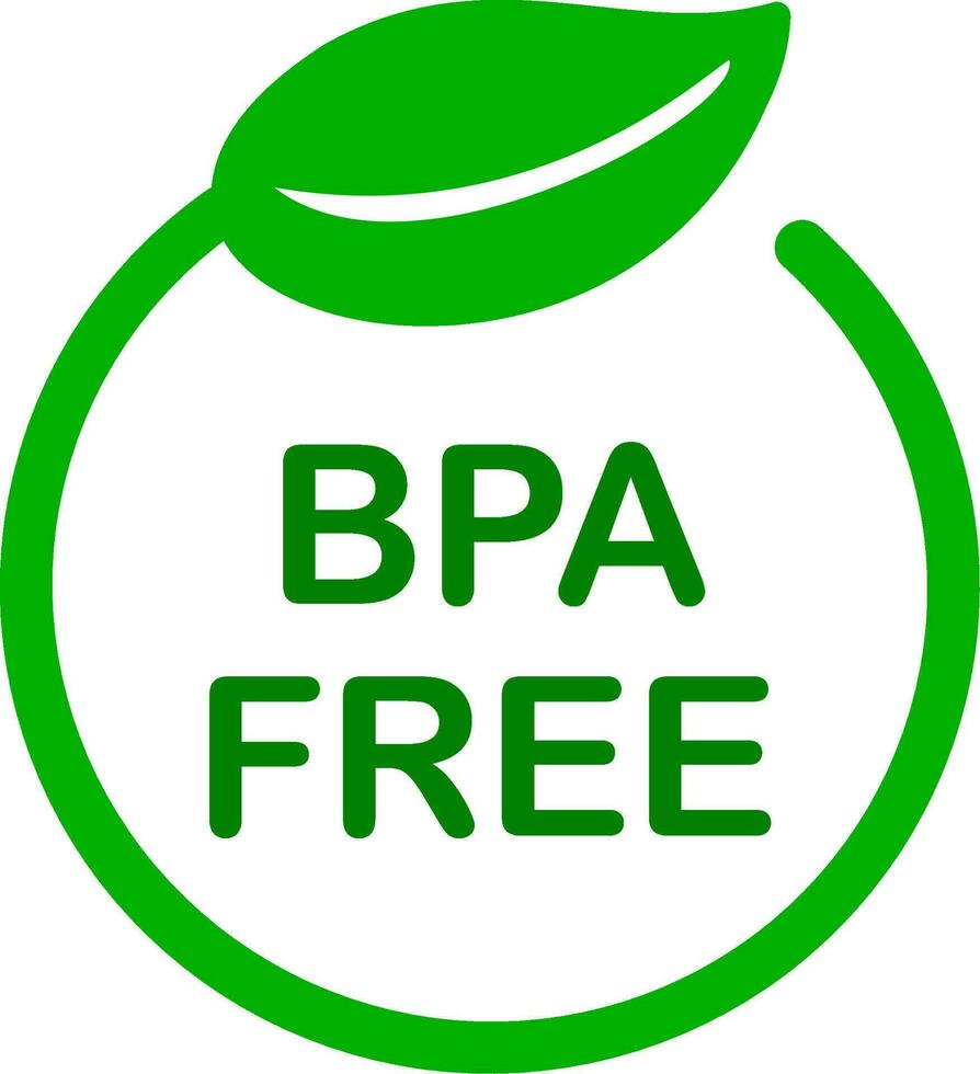 BPA, bis phenol A free. Flat badge vector icon for non-toxic plastics. Green circle and leaf on white background. Logo and badge for drinking water bottle.packaging plastic. Product quality warranty.