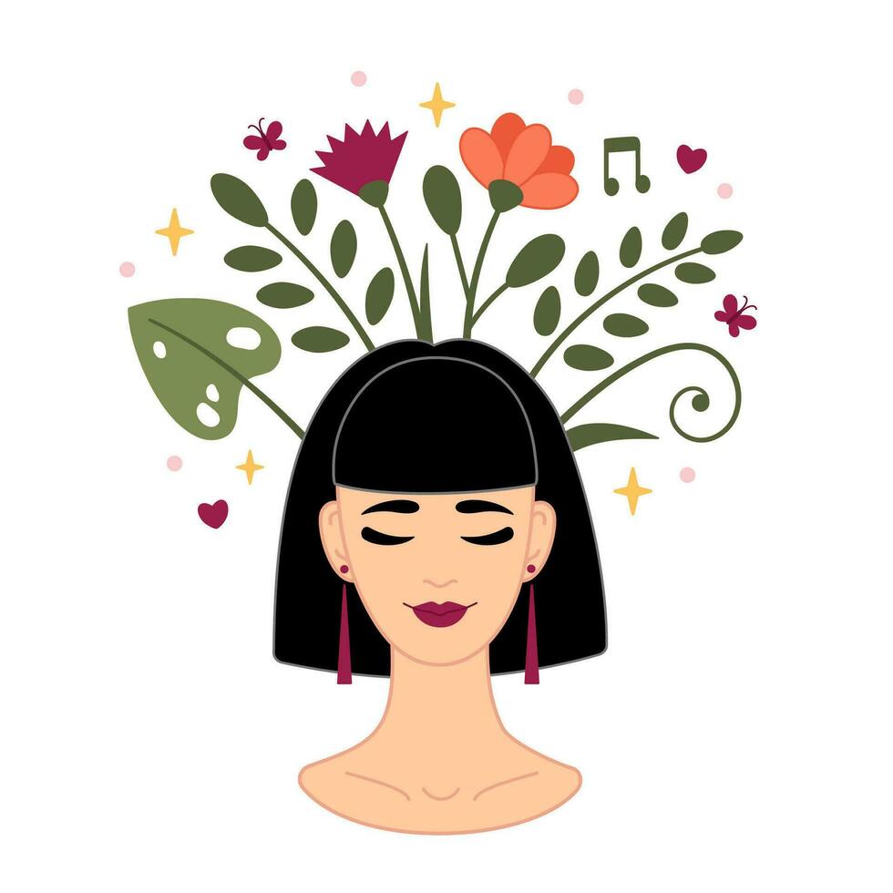 mental salud concepto. sonriente latín mujer acepta, ama sí misma. flores crecer desde el mujer cabeza. vector