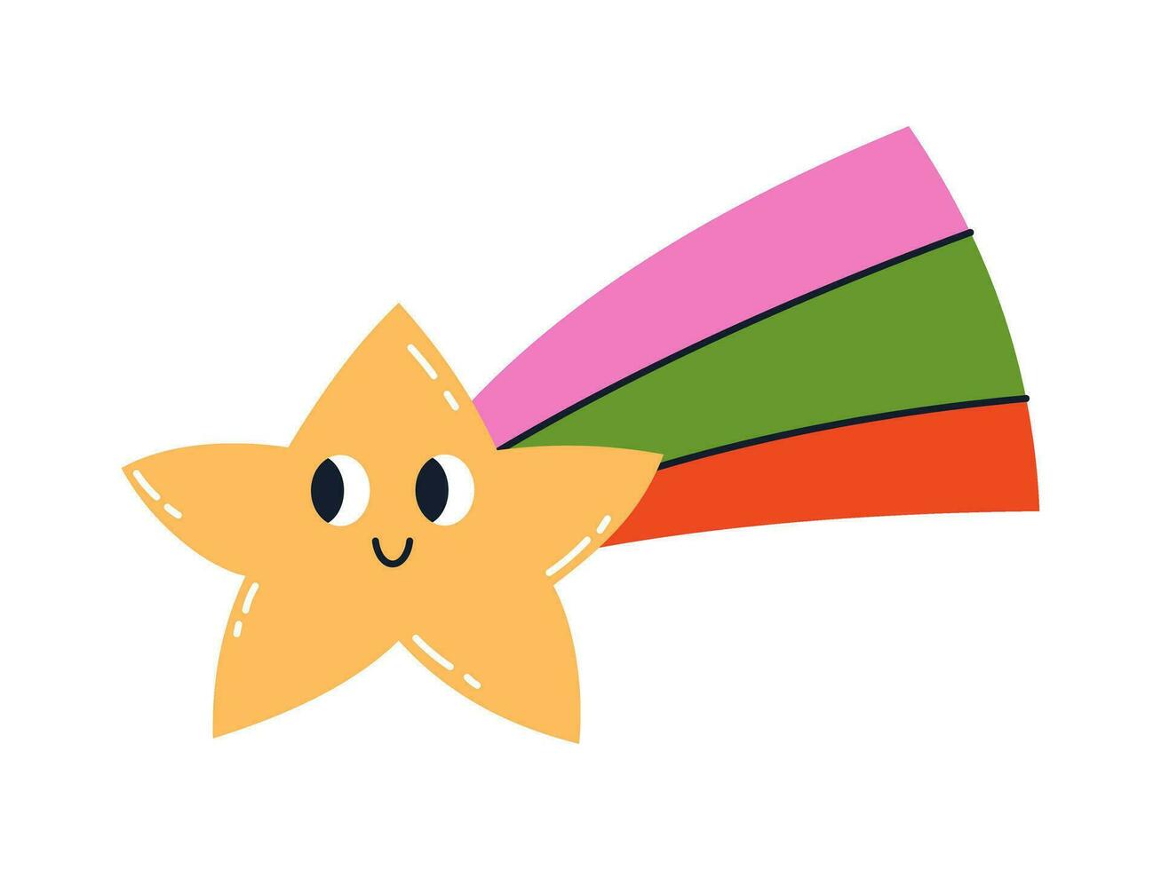 Vector illustration of cute falling star in flat design. Smiling star with colorful tail. Concept of making a wish. Funny and happy childish star with face.