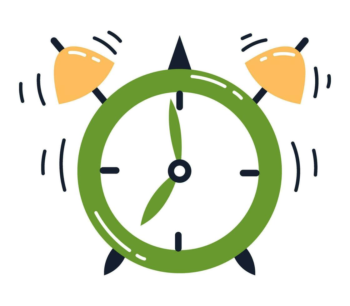 Vector illustration of green alarm clock. Waking up. Good morning and deadline concept. Alarm clock ringing.