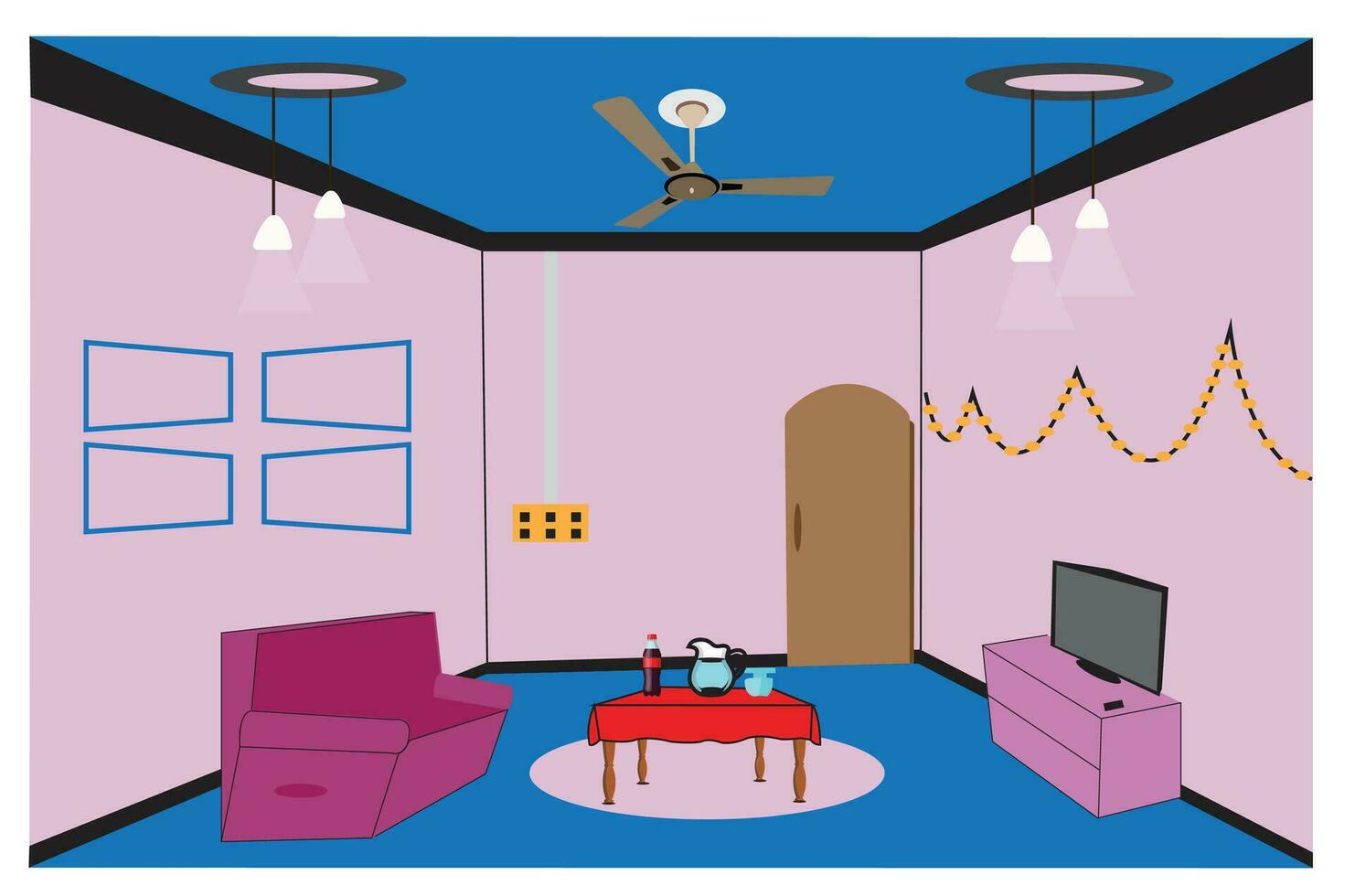 New Room  Colorful Vector wall carpet door tv sofa template.