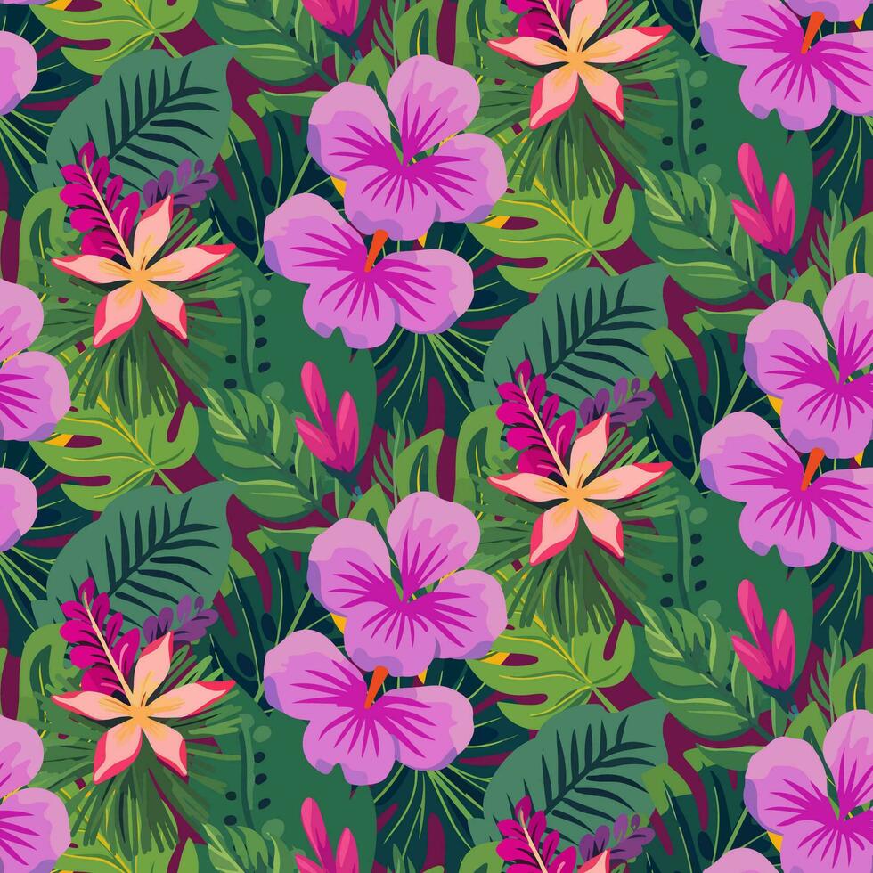 vector sin costura modelo con varios tropical hojas y flores verde en rosado antecedentes