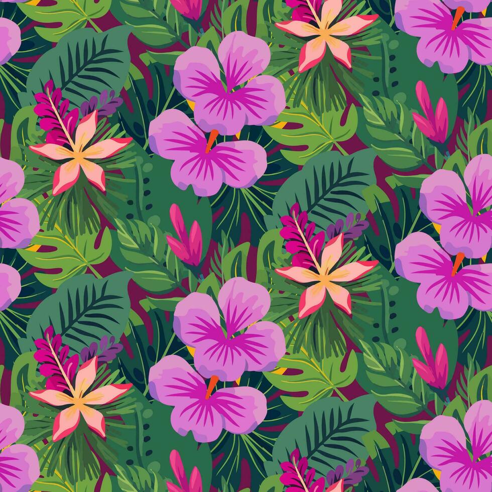 Vector seamless pattern with various tropical leaves and flowers green on pink background