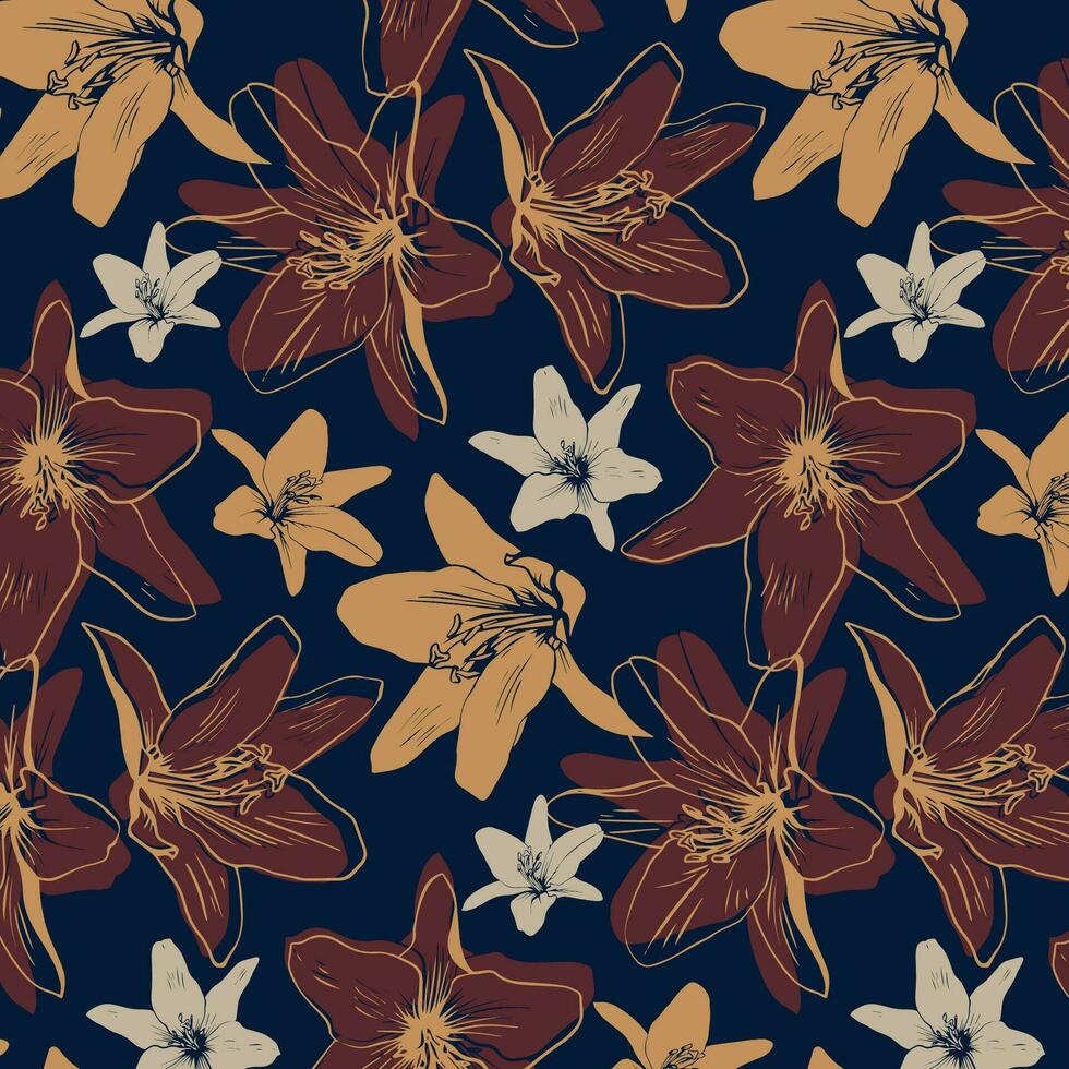 Vector seamless pattern with silhouette lily flowers classical style on dark blue background