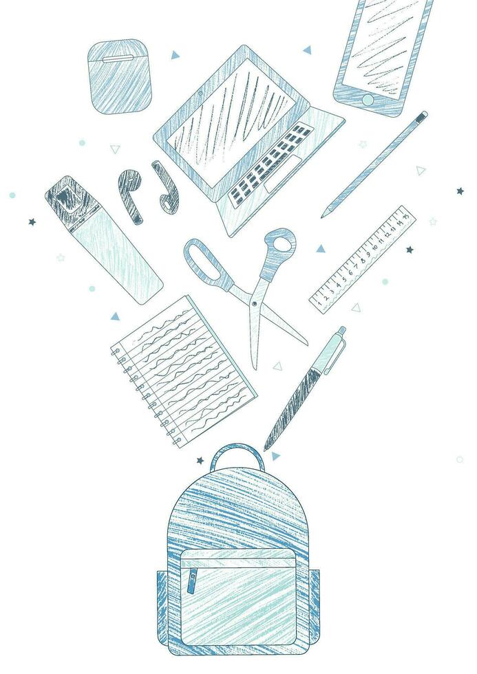 School supplies and e-learning items sketch style blue coloring pencils design what is inside a backpack composition vector