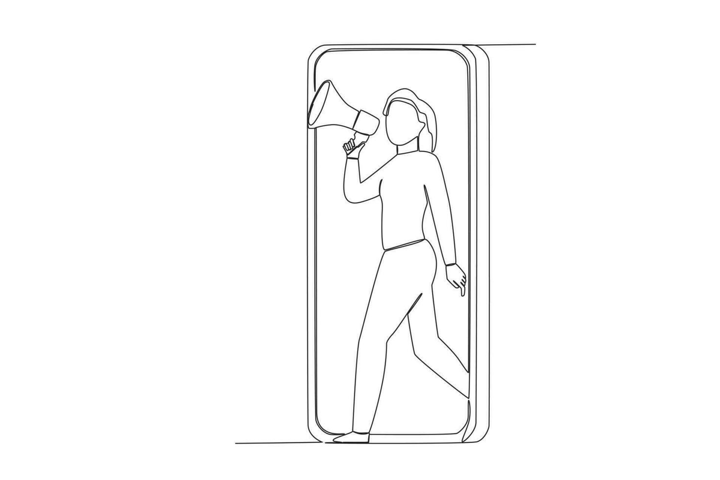 Continuous one line drawing woman hand holding megaphone coming out from smartphone screen marketing concept single line draw design vector graphic illustration