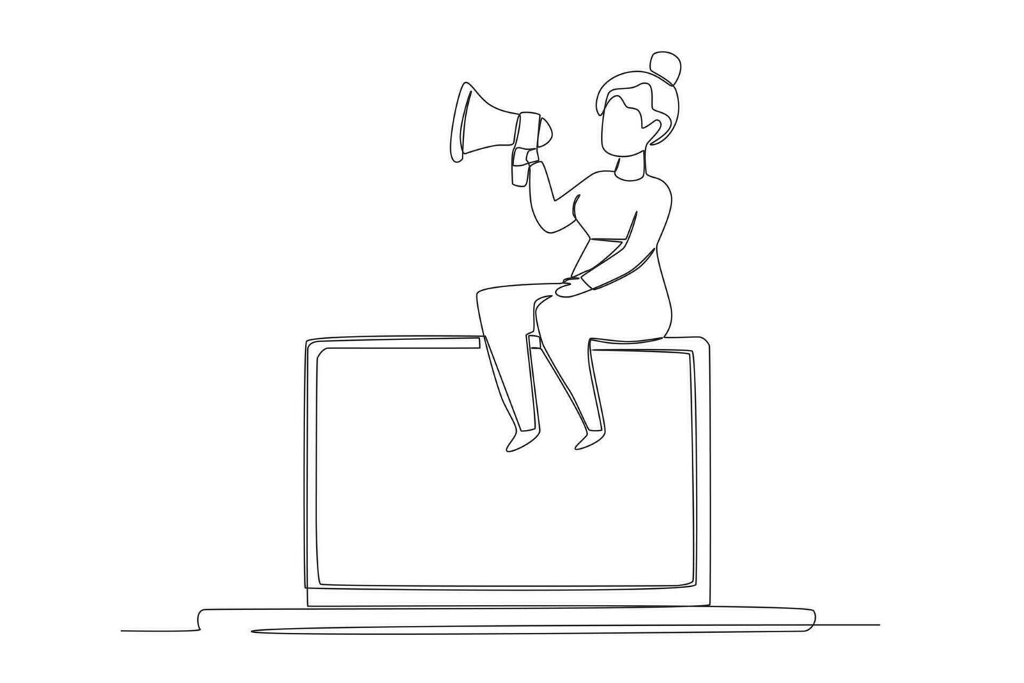 Continuous one line drawing woman hand holding megaphone sitting on a laptop screen marketing concept single line vector