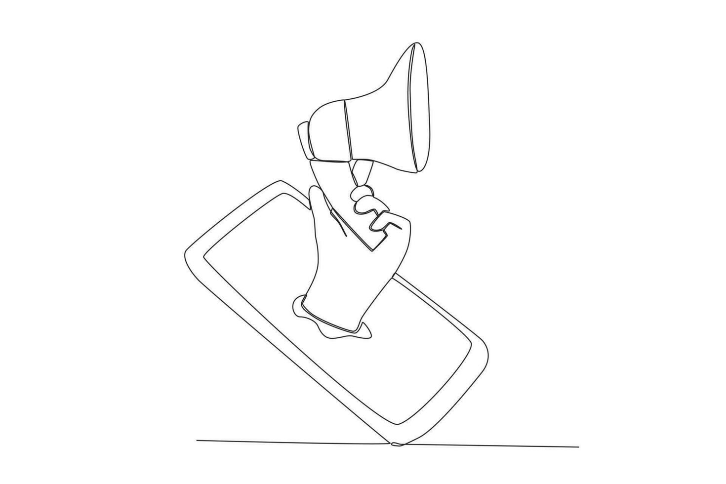 Continuous one line drawing hand holding megaphone coming out from smartphone screen marketing concept single line vector