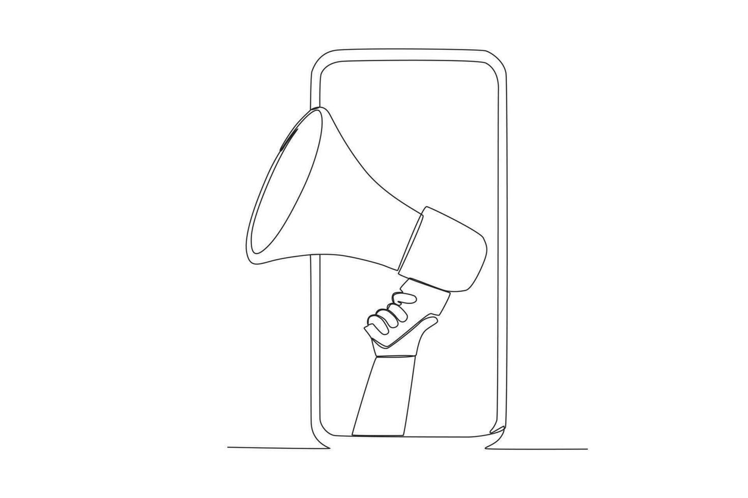 Continuous one line drawing hand holding megaphone coming out from smartphone screen marketing concept single line vector