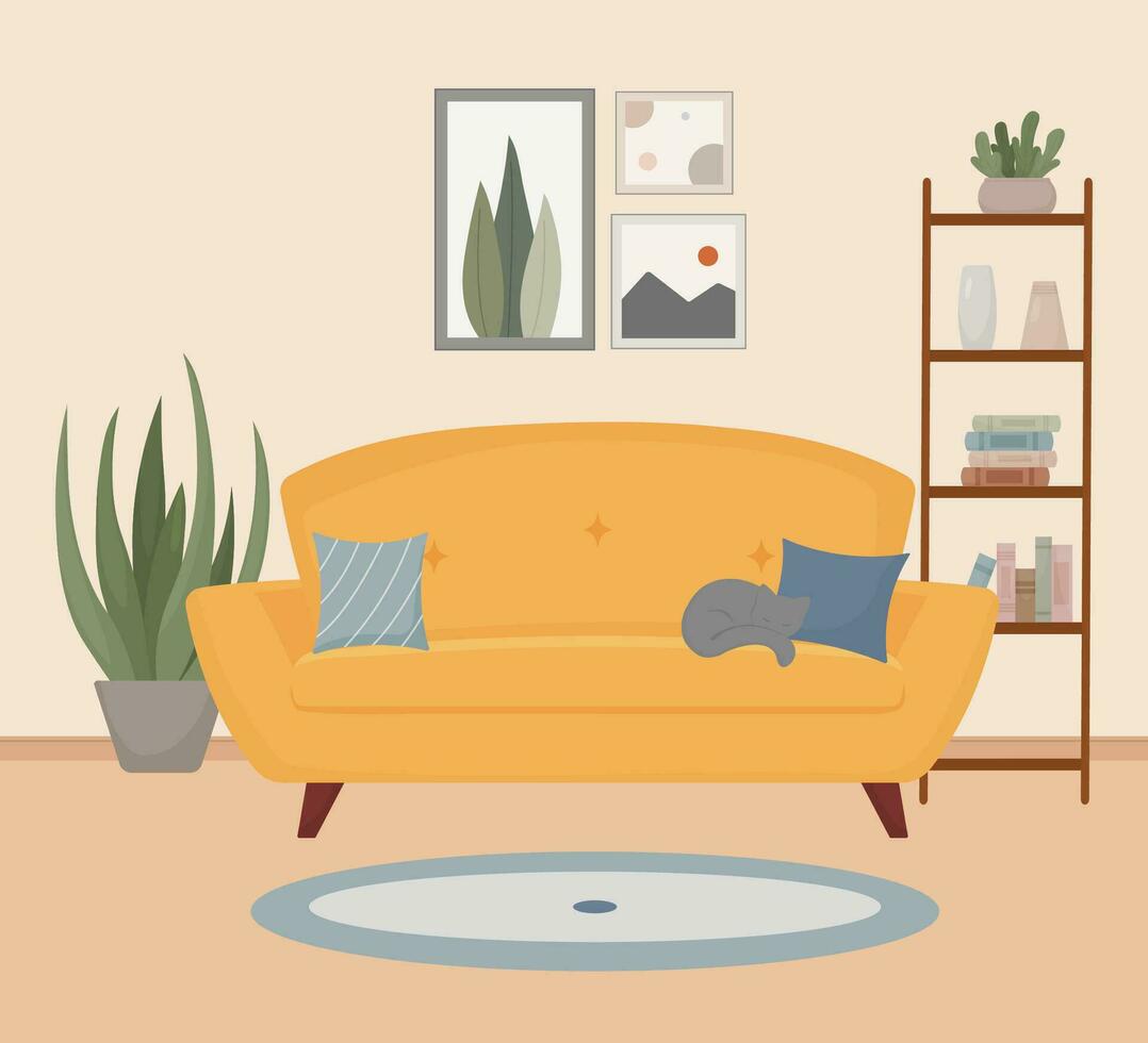 living room interior, furniture, design elements, modern home, comfortable sofa, bookcase, cat, books, vase, plant, pillow, carpet, vector flat style illustration