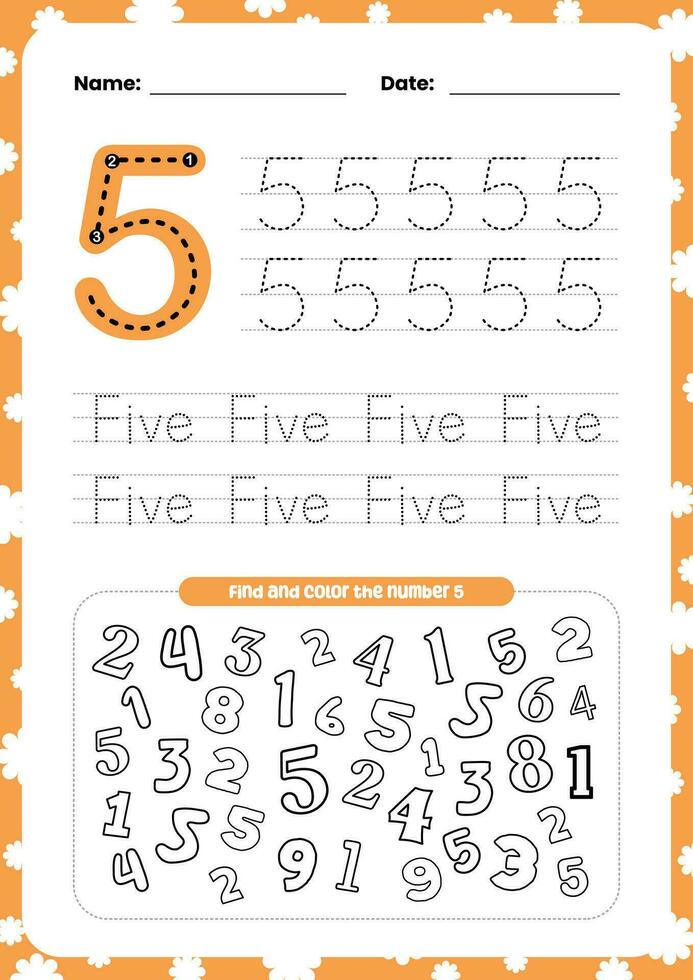 flat design vector learning tracing number and coloring in english for