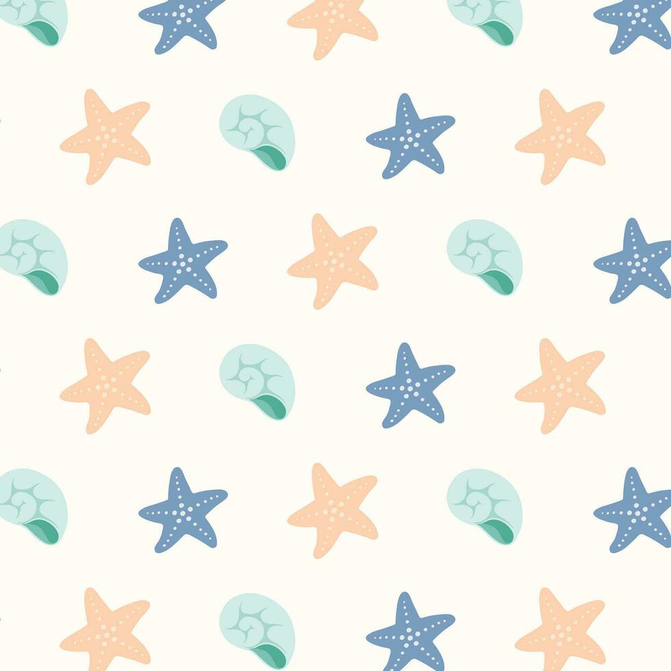 Seamless pattern of hand drawn starfish and seashells on isolated background. Design for summertime celebration, scrapbooking, wedding invitation, textile, home and nursery decor, paper craft. vector