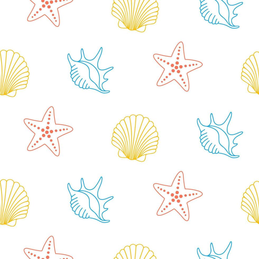 Seamless pattern of hand drawn seashells on isolated background. Design for summertime celebration, scrapbooking, wedding invitation, textile, home decor, nursery decoration, paper craft. vector