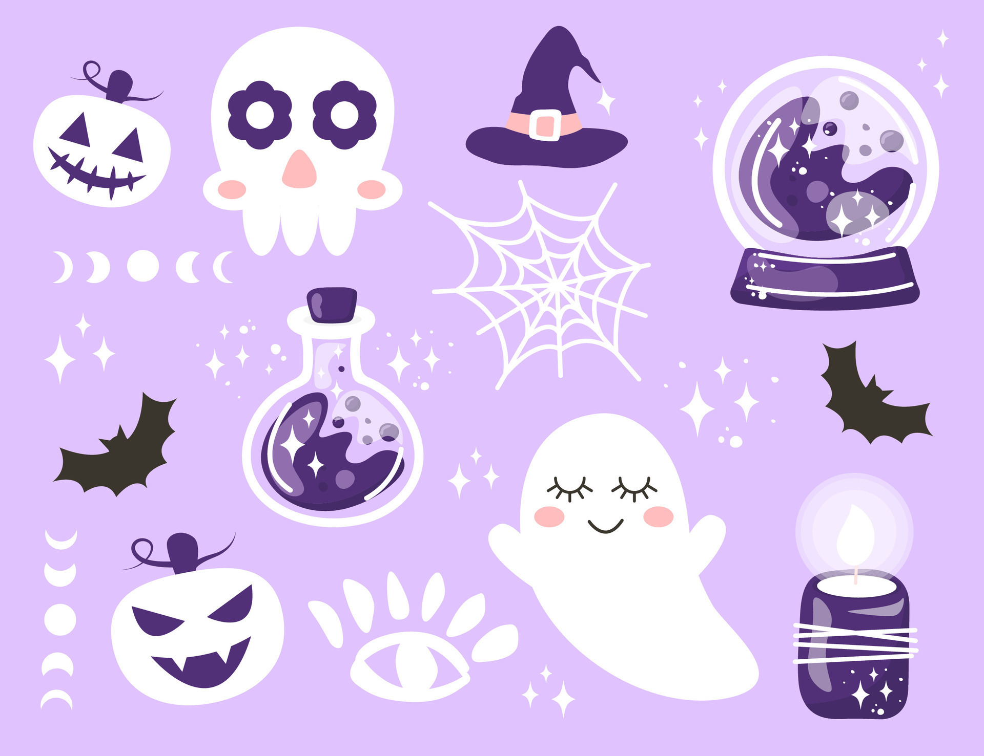 Cute Halloween clipart. Set of Halloween vector characters and elements