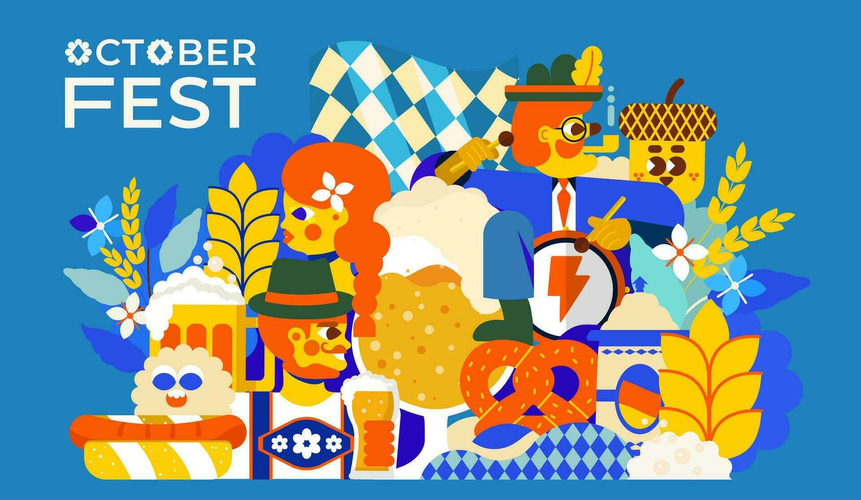 Oktoberfest illustration. The image conveys the unique spirit of the holiday people in traditional costumes raising beer mugs, german food and a lot of beer. Will perfectly complement your project. vector