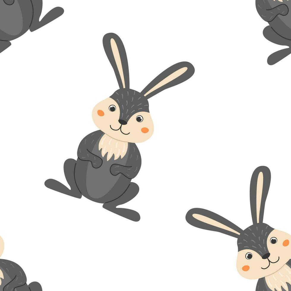 Seamless pattern with cute bunny in cartoon style. Animals in the forest. Vector illustration.