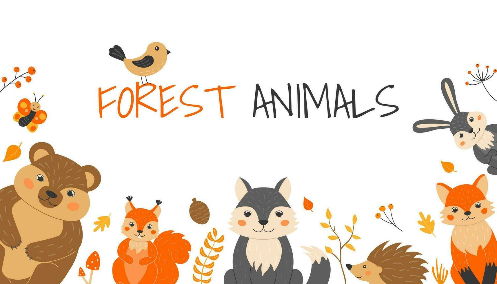 Vector illustration with cute forest animals and plants in cartoon style. Fox, wolf, bear, hedgehog, hare, squirrel.