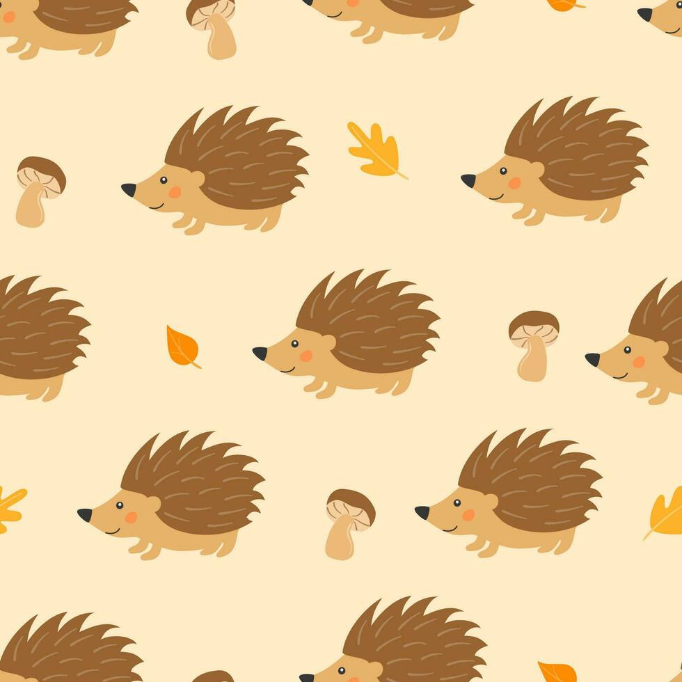 Seamless pattern with cute hedgehog, mushrooms and autumn leaves in cartoon style. Animals and plants in the forest. Vector illustration.