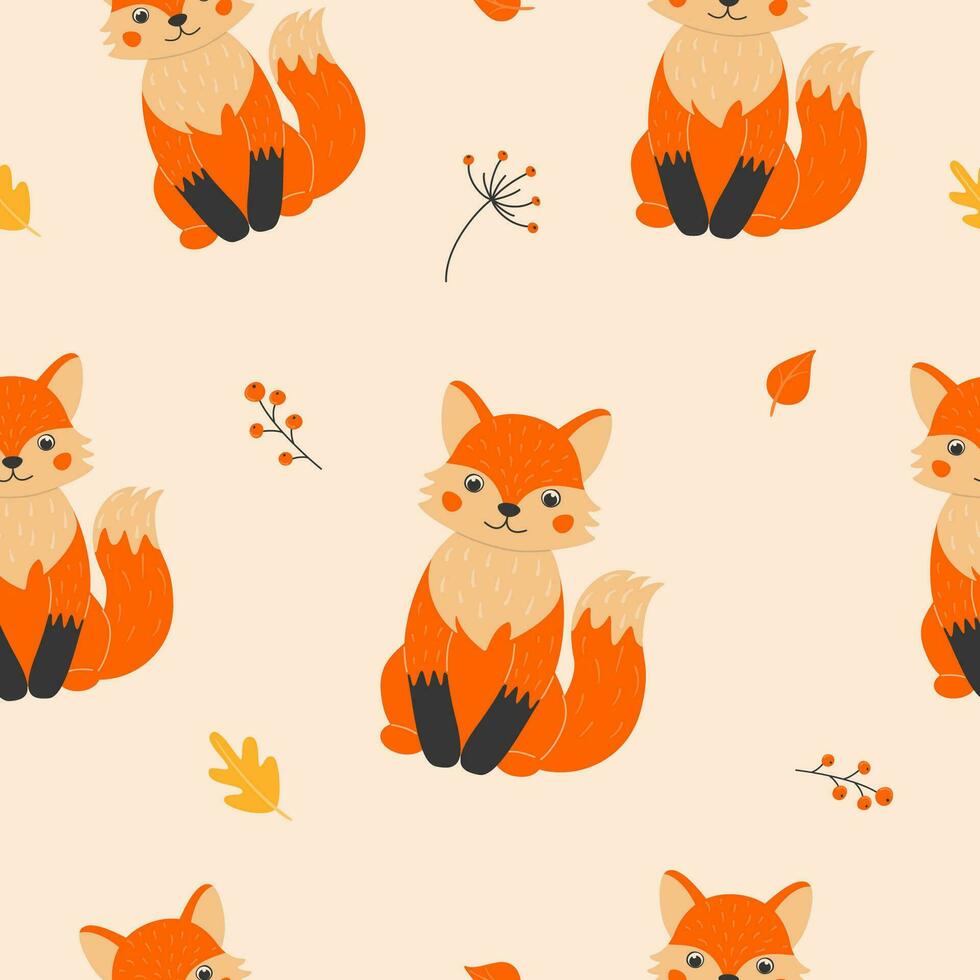 Seamless pattern with cute foxes, twigs with berries and autumn leaves in cartoon style. Animals in the forest. Vector illustration.