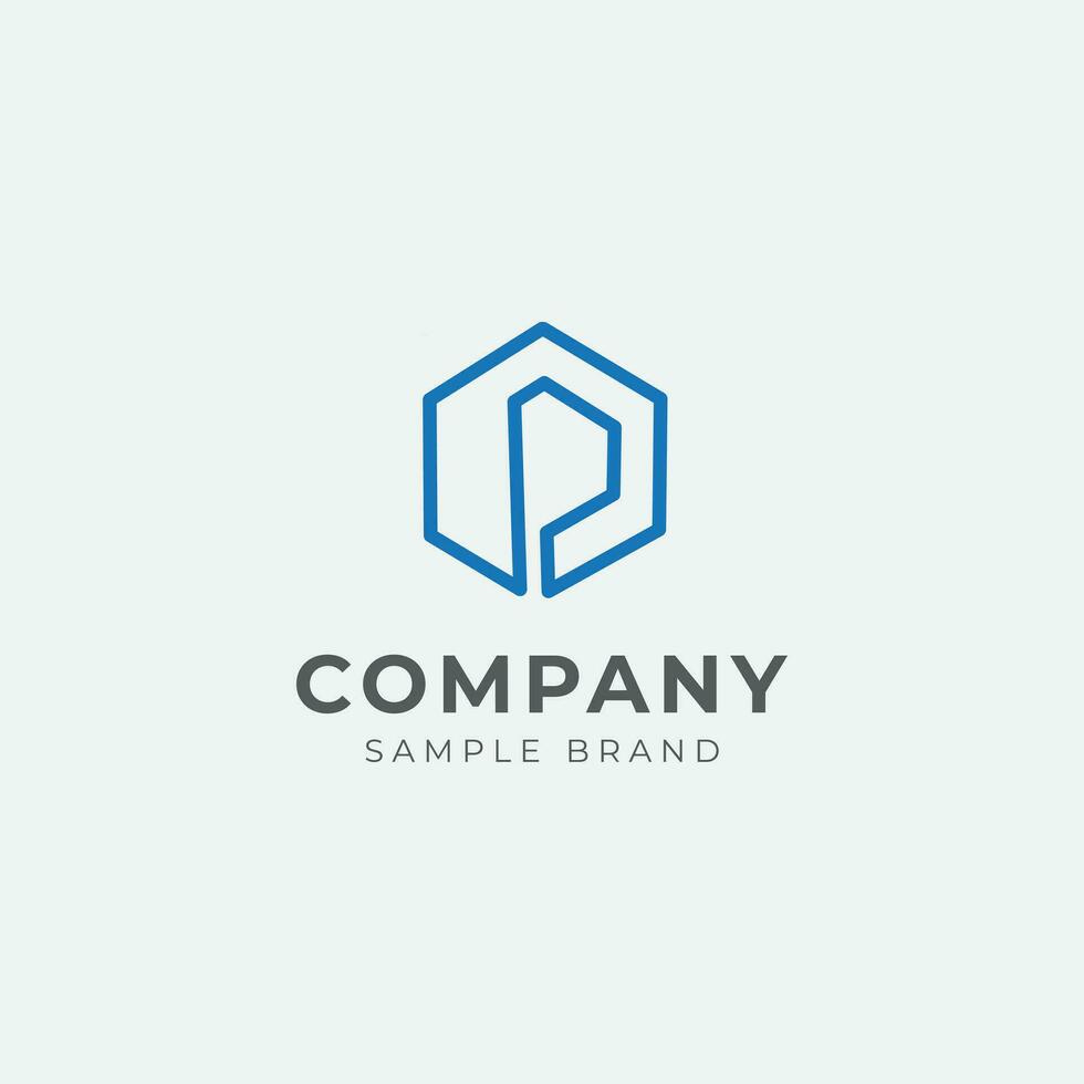 geometric letter P logo design with hexagon shape, in blue color vector