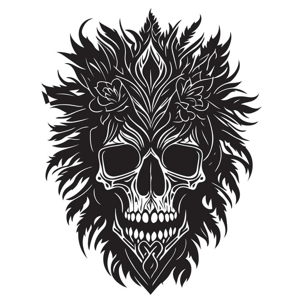 decorativo tribal cráneo con floral diseño negro contorno vector en blanco antecedentes