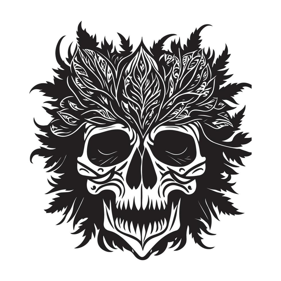 Decorative tribal skull with floral design black outline vector on white background