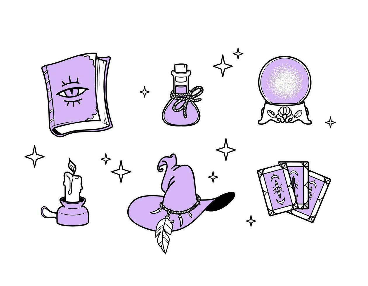 A set of magical items, magician's magic hat, witch's magic potion, spell book, magic ball and tarot cards. Vector illustration that can be used as a tattoo sketch, print for clothes